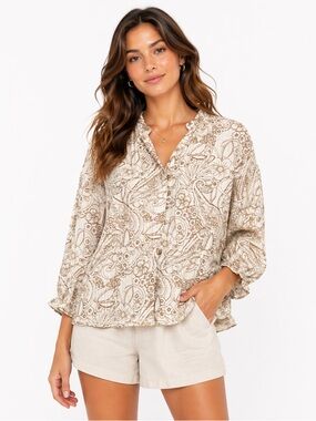 EUC Aegean Size Medium 100% Linen Cream & Floral Patterned Women's Top